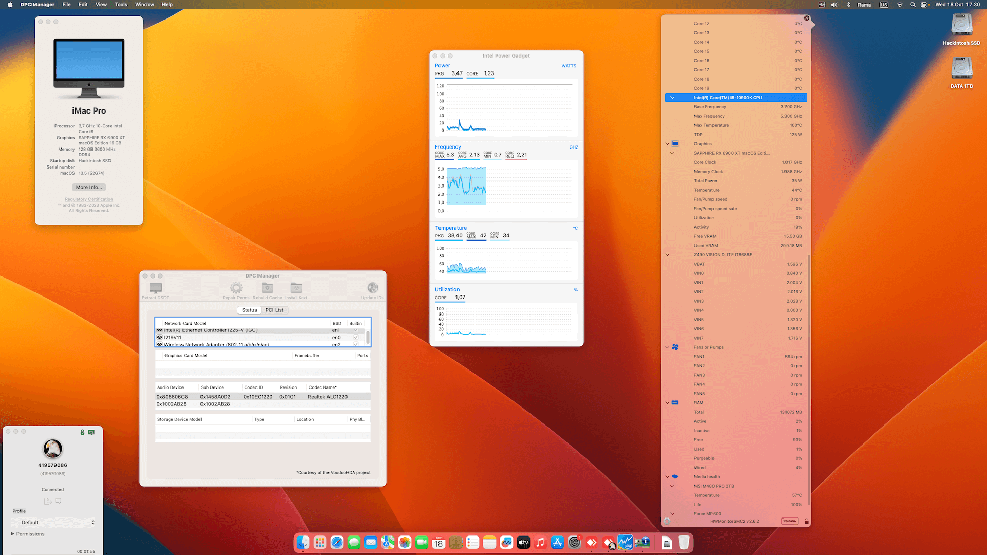 Success Hackintosh macOS Ventura 13.5 Build 22G74 in Gigabyte Z490 Vision D + Intel Core i9 10900K + Sapphire RX 6900 XT